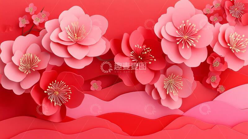 高清大图下载【趣麦麦图】剪纸风背景插画剪纸纸花