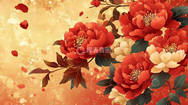 高清大图下载【趣麦麦图】牡丹背景画插画壁纸富贵