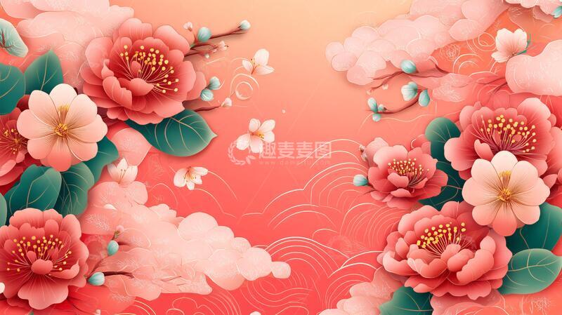 高清大图下载【趣麦麦图】剪纸风背景插画立体花卉