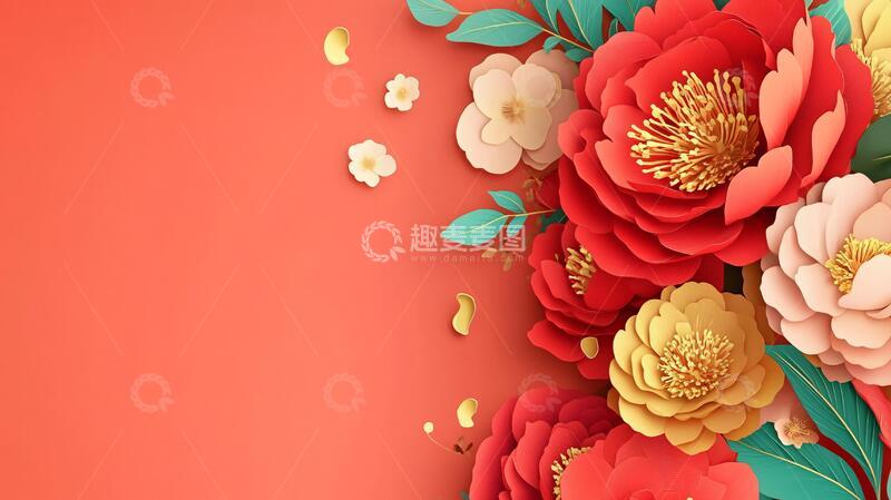 高清大图下载【趣麦麦图】剪纸风背景花卉插画剪纸