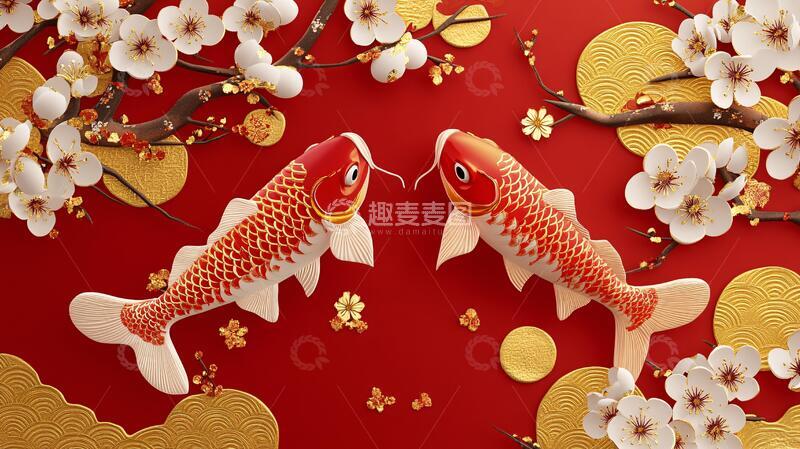 高清大图下载【趣麦麦图】新春锦鲤锦鲤剪纸中式1