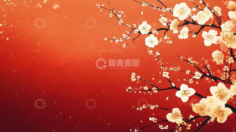 高清大图下载【趣麦麦图】杏花红底图杏花手绘红底
