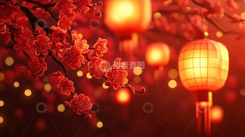 高清大图下载【趣麦麦图】灯笼梅花背景图10