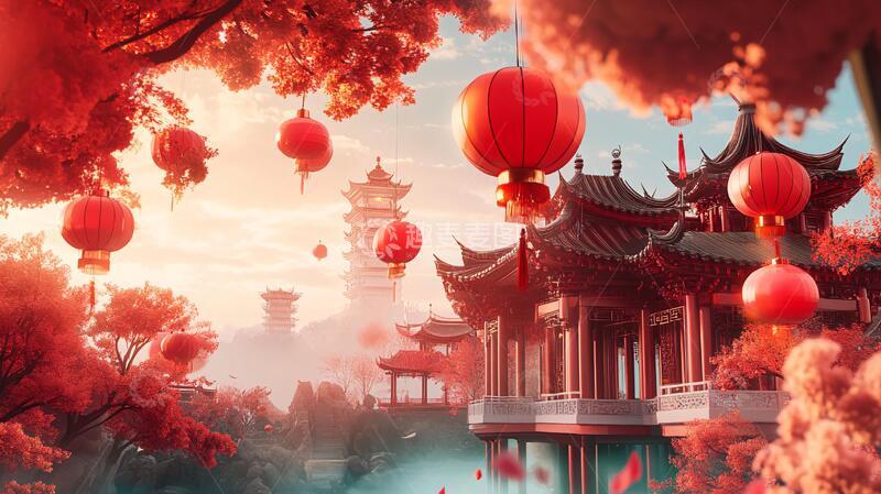 高清大图下载【趣麦麦图】亭台楼阁鸿运当头