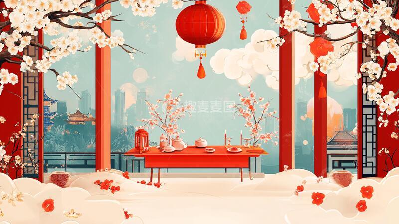 高清大图下载【趣麦麦图】喜庆风插画插画场景中式