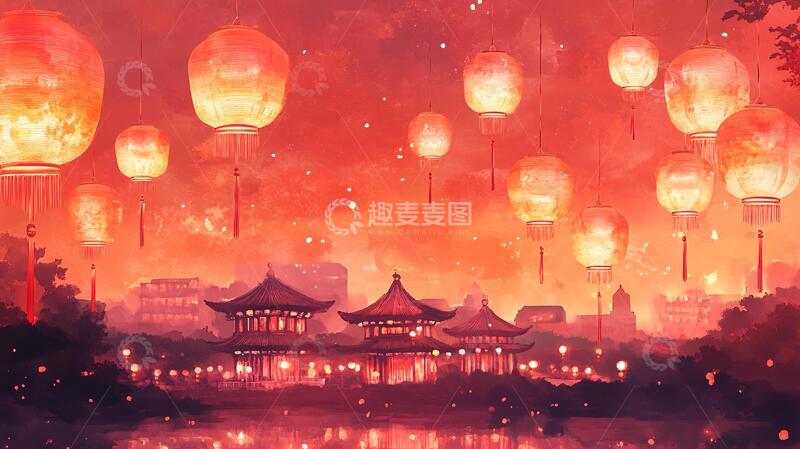 高清大图下载【趣麦麦图】水墨风灯会插画古风灯笼