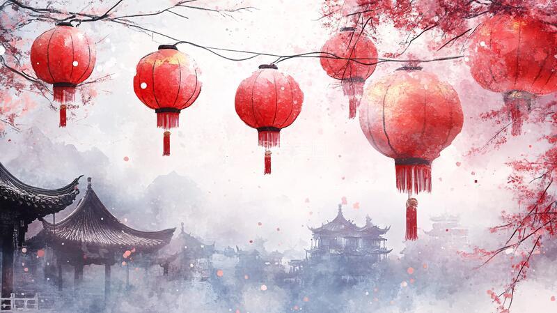 高清大图下载【趣麦麦图】唯美红灯笼古风插画意境