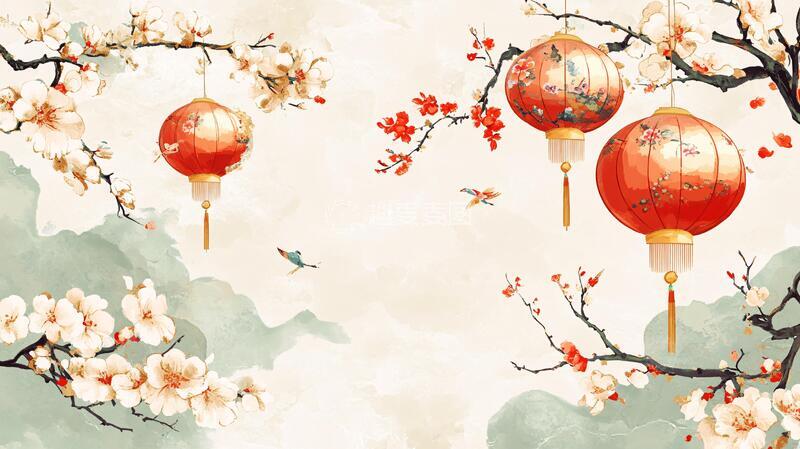 高清大图下载【趣麦麦图】灯笼梅花背景图8