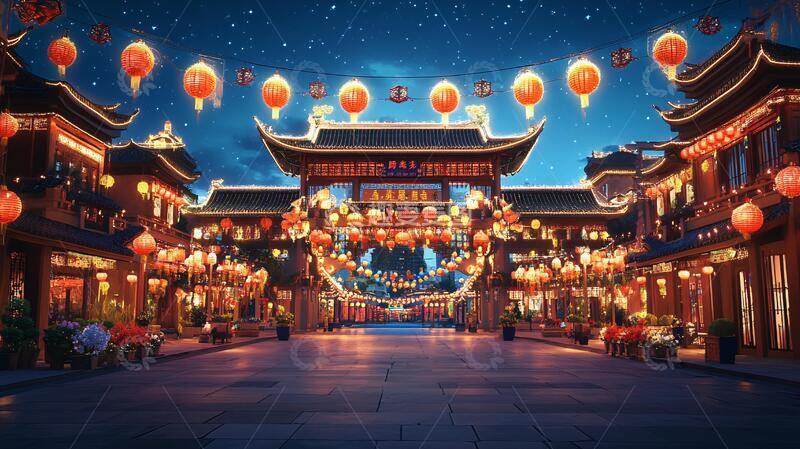 高清大图下载【趣麦麦图】中式年货街中式年货夜景
