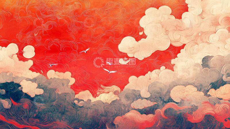 高清大图下载【趣麦麦图】火烧云插画插画风云仙鹤