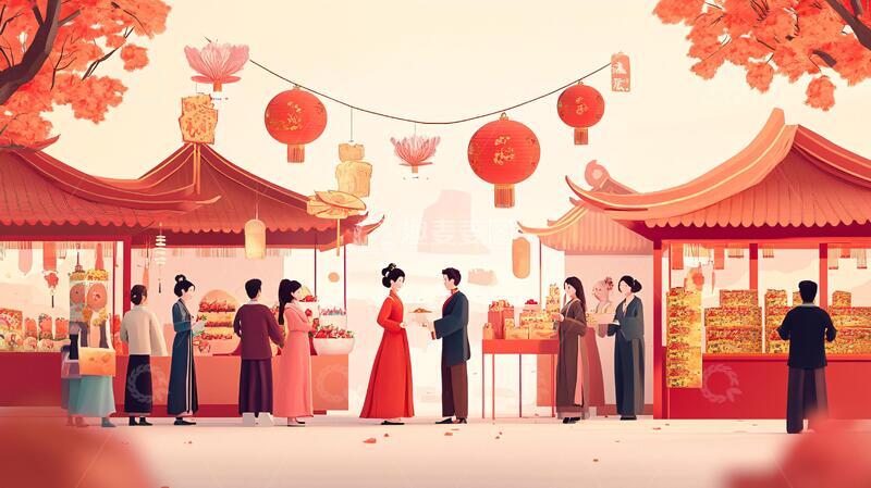 高清大图下载【趣麦麦图】节日插画图插画年货场景