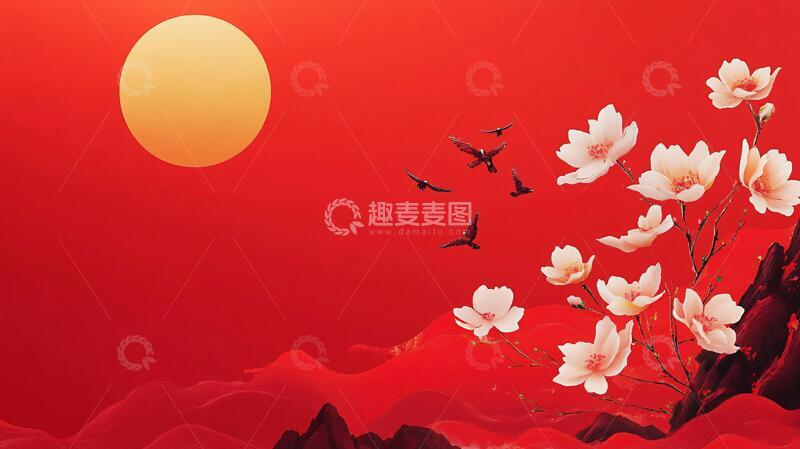 高清大图下载【趣麦麦图】插画红日插画红日仙鹤