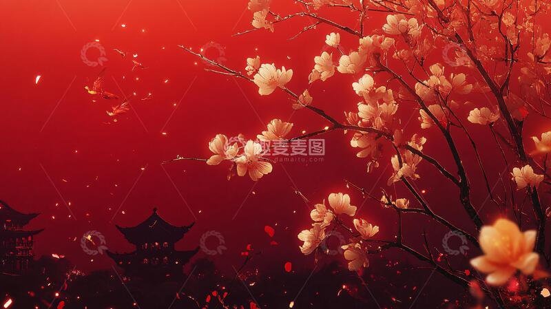 杏花红底图红色舞台桃花