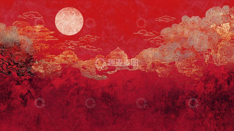 高清大图下载【趣麦麦图】复古云雾红日背景1