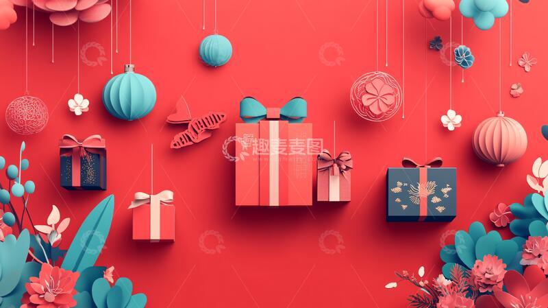 高清大图下载【趣麦麦图】剪纸风背景礼盒插画新年