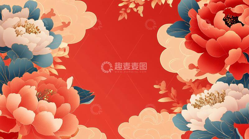 高清大图下载【趣麦麦图】牡丹背景图插画中式底纹