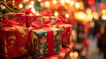 新年礼品区礼盒彩旗彩灯