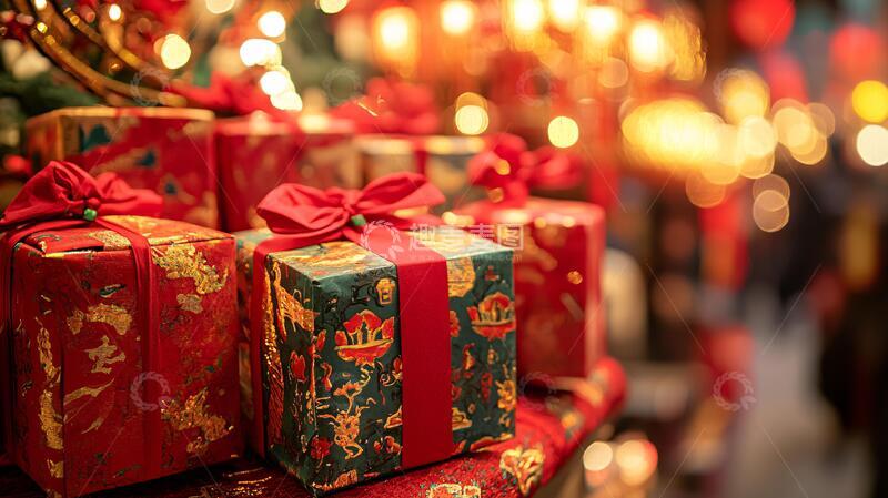 高清大图下载【趣麦麦图】新年礼品区礼盒彩旗彩灯
