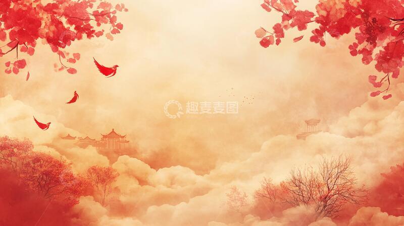 高清大图下载【趣麦麦图】古风红叶背景1