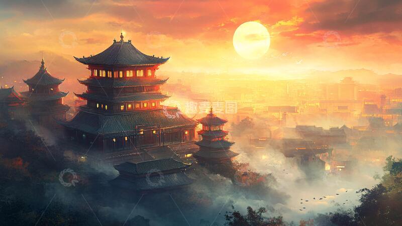 镇淮楼插画插画古风鸡鸣