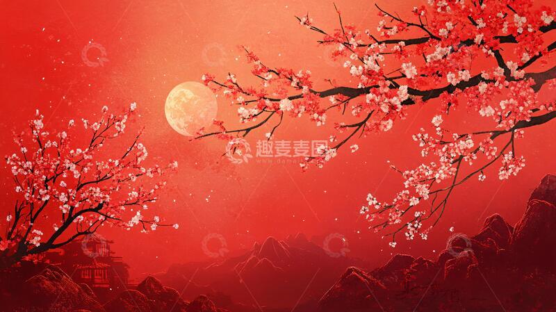 高清大图下载【趣麦麦图】工笔红梅山水画1