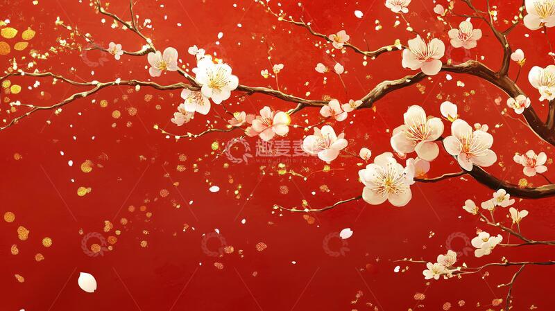 高清大图下载【趣麦麦图】工笔手绘红墙梅花12