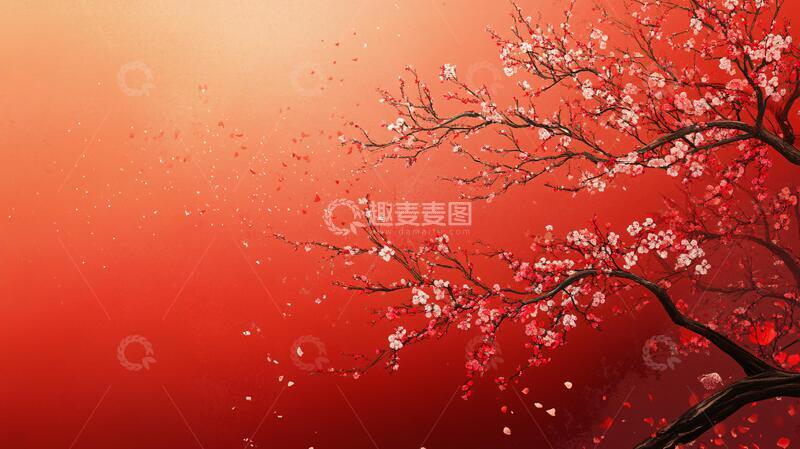 高清大图下载【趣麦麦图】工笔手绘红墙梅花7