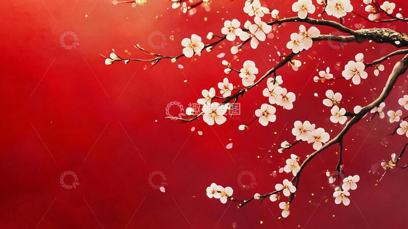高清大图下载【趣麦麦图】工笔手绘红墙梅花10