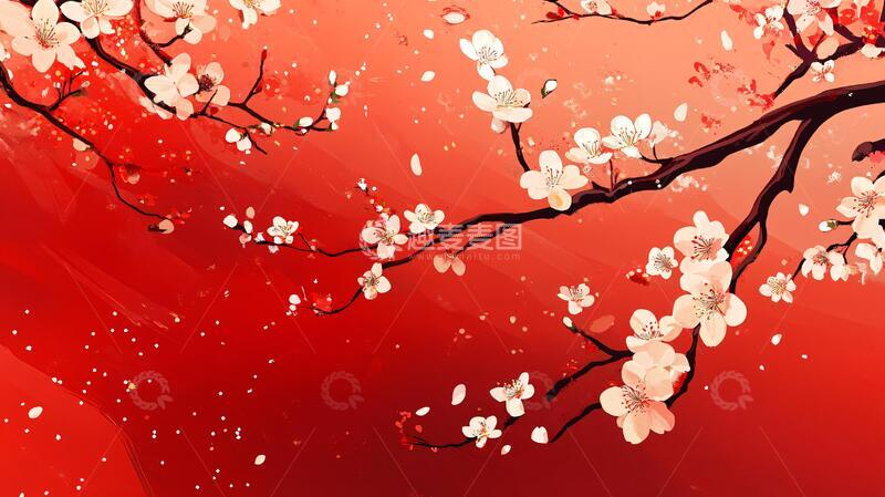 高清大图下载【趣麦麦图】杏花红底图手绘插画桃花