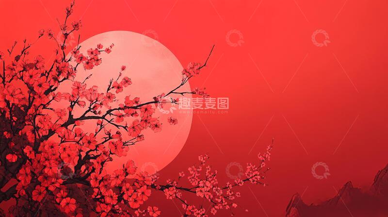 高清大图下载【趣麦麦图】杏花红底图插画红底杏花