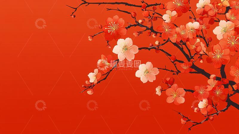 高清大图下载【趣麦麦图】红底梅花背景杏花红底