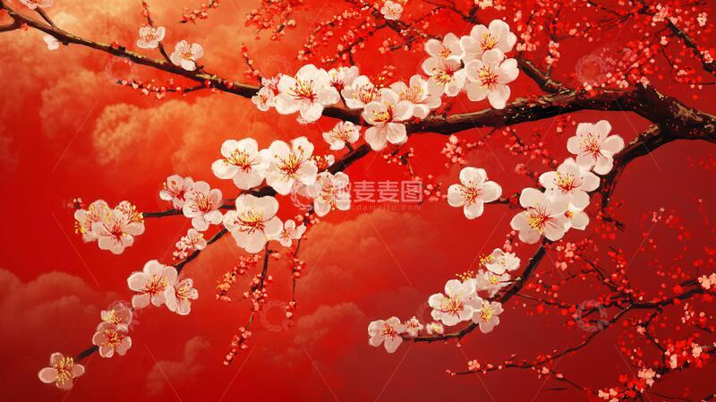 高清大图下载【趣麦麦图】杏花红底图桃花樱花背景