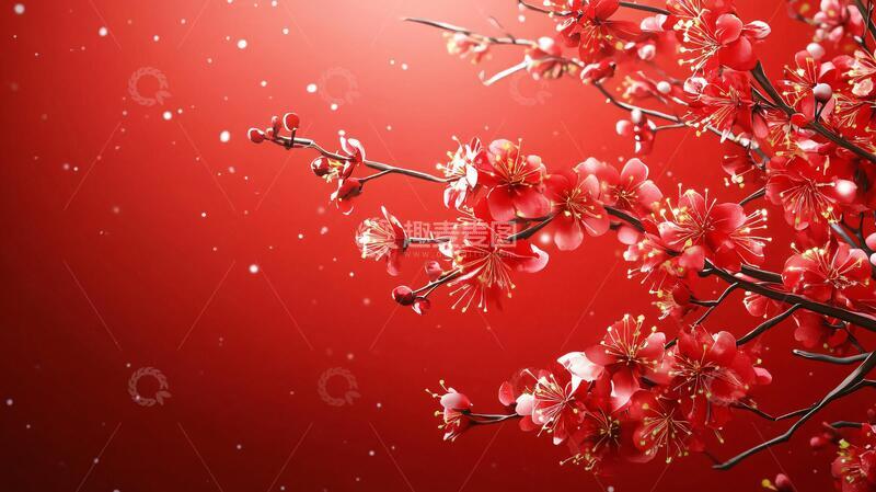 高清大图下载【趣麦麦图】杏花红底图红底手绘杏花