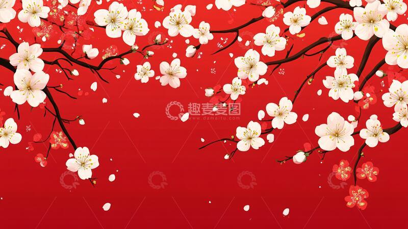 高清大图下载【趣麦麦图】杏花红底图杏花手绘中式