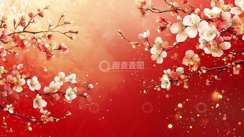 高清大图下载【趣麦麦图】杏花红底图杏花舞台红底