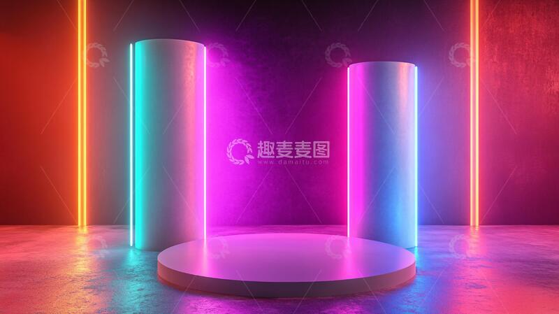 高清大图下载【趣麦麦图】霓虹灯展台舞台粉色平台1