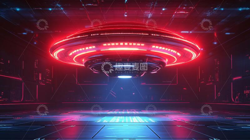 高清大图下载【趣麦麦图】科幻飞碟科技红色背景