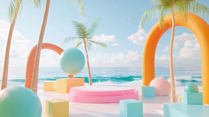 高清大图下载【趣麦麦图】海滩美陈造型平台粉色