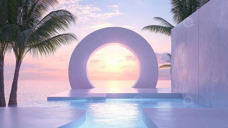 高清大图下载【趣麦麦图】超现实泳池拱门海景白色