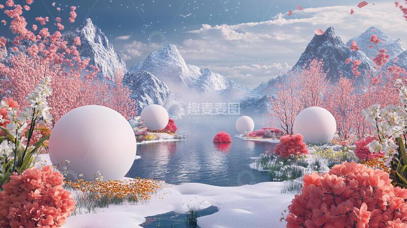 高清大图下载【趣麦麦图】渲染山水画球体场景立体
