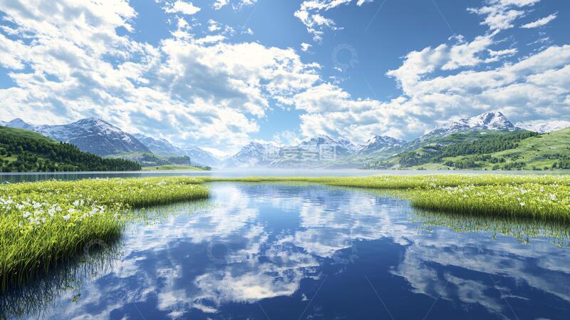 高清大图下载【趣麦麦图】蓝天白云雪山草地湖泊2