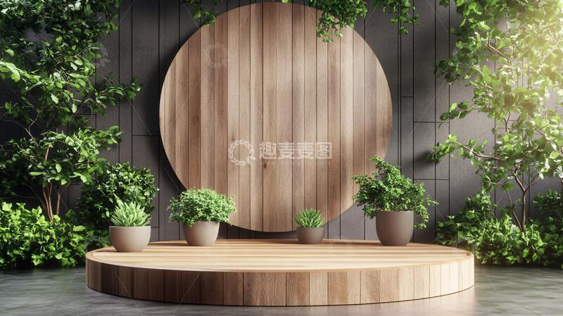 高清大图下载【趣麦麦图】绿植展台圆形植物木质