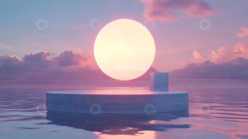 高清大图下载【趣麦麦图】-超现实泳池平台粉色红日