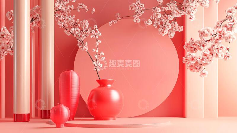 桃花美陈红色场景氛围