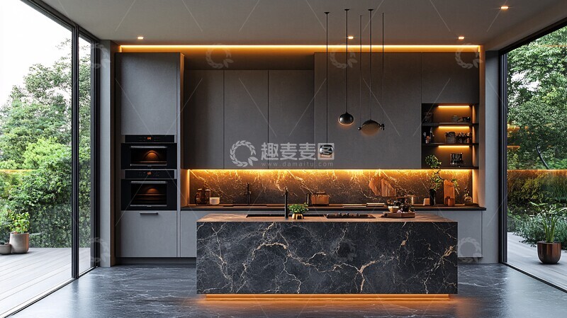 高清大图下载【趣麦麦图】灰柜黑石台面厨房