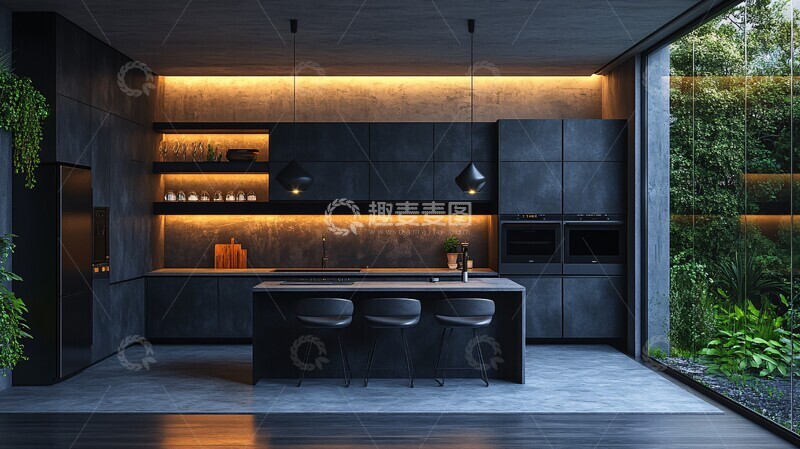 高清大图下载【趣麦麦图】黑色橱柜灰色台面