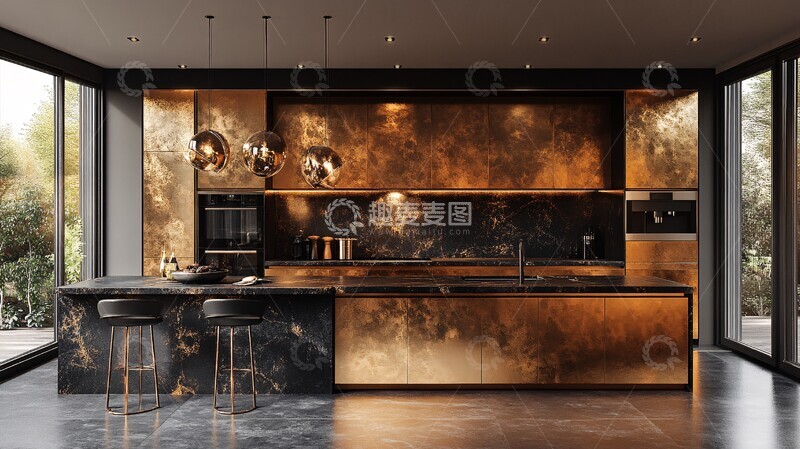 高清大图下载【趣麦麦图】黄金橱柜黑色石台面