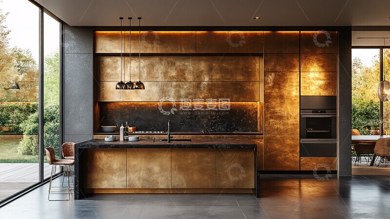 高清大图下载【趣麦麦图】黄金橱柜黑色石台面2