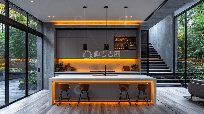 高清大图下载【趣麦麦图】灰柜白石台岛式厨房3