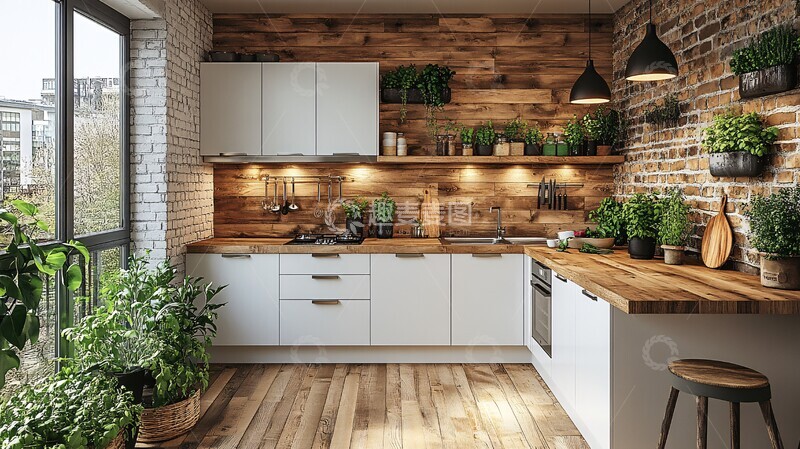 高清大图下载【趣麦麦图】木纹厨柜绿色盆栽